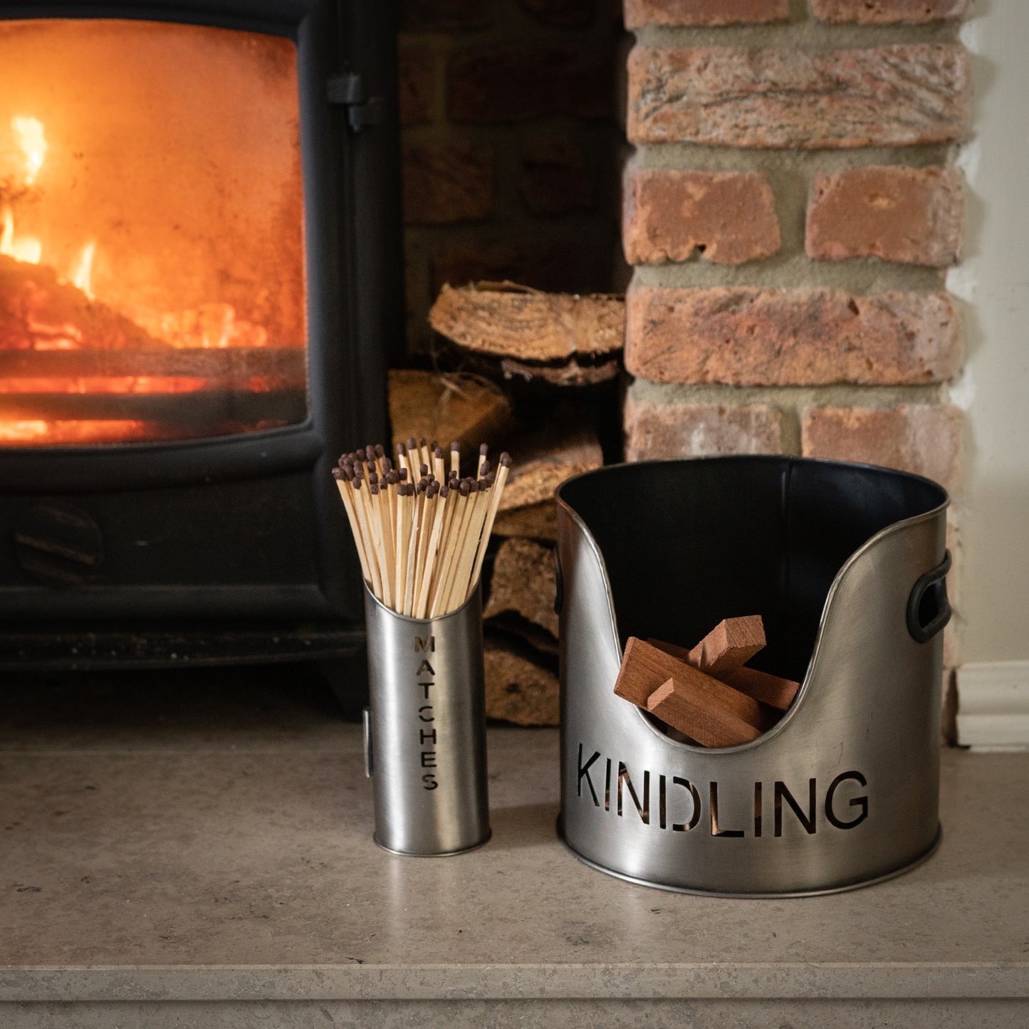 Pewter Finish Logs And Kindling Buckets & Matchstick Holder Set Of 3