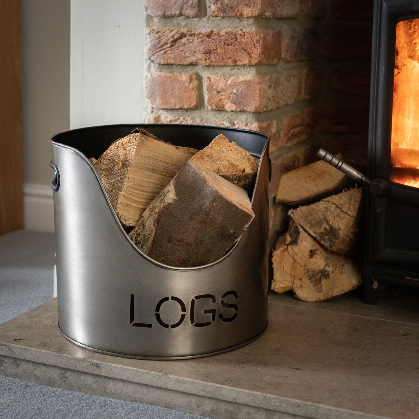 Pewter Finish Logs And Kindling Buckets & Matchstick Holder Set Of 3