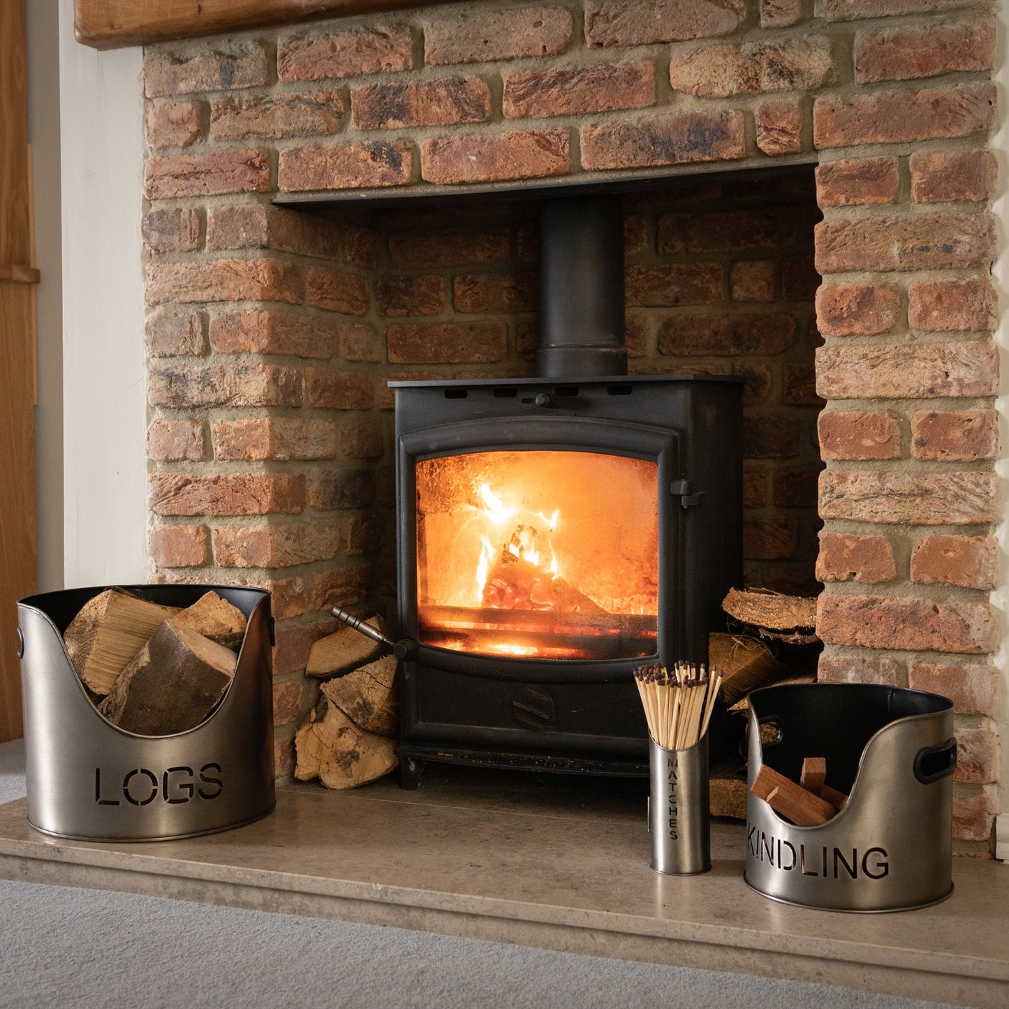 Pewter Finish Logs And Kindling Buckets & Matchstick Holder Set Of 3