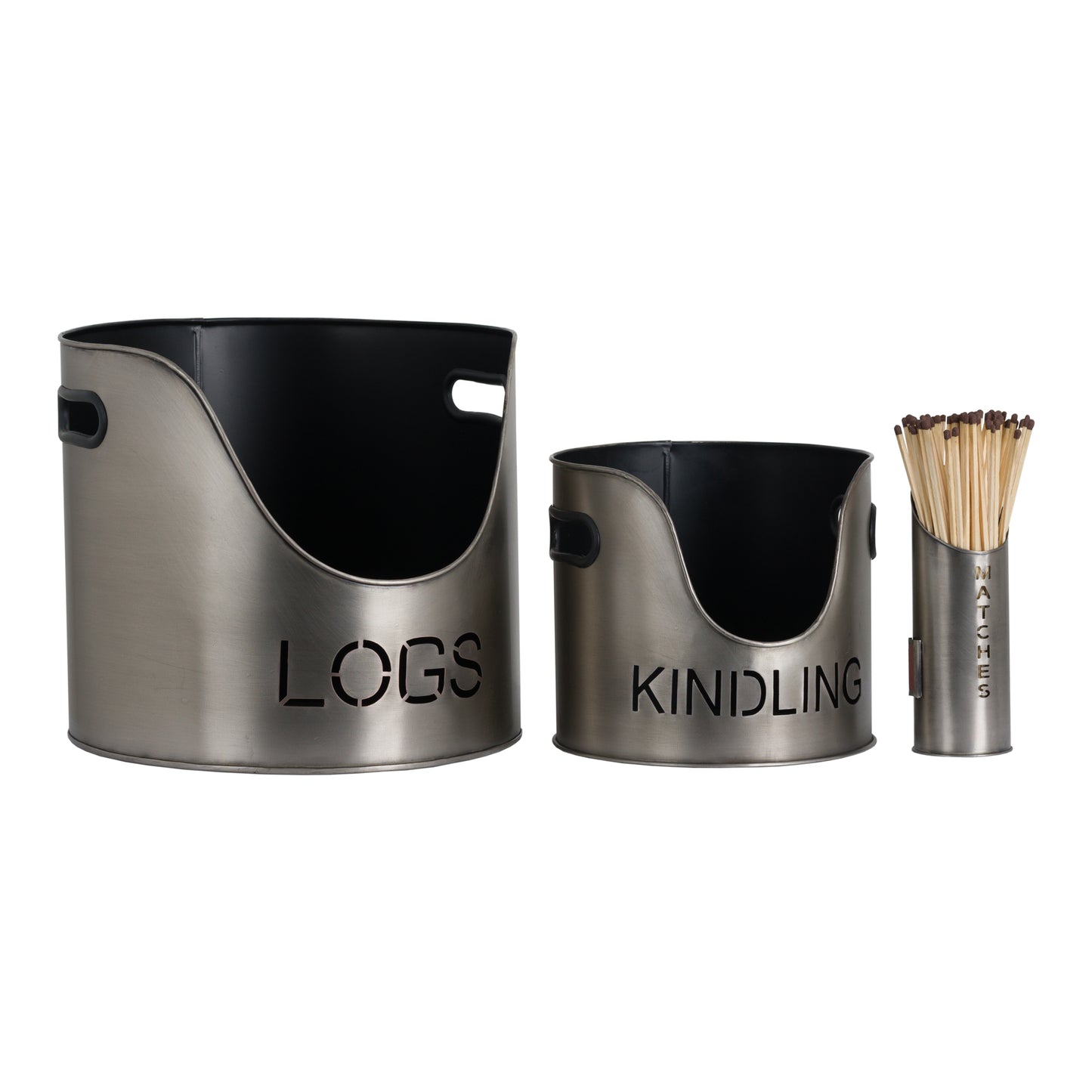 Pewter Finish Logs And Kindling Buckets & Matchstick Holder Set Of 3