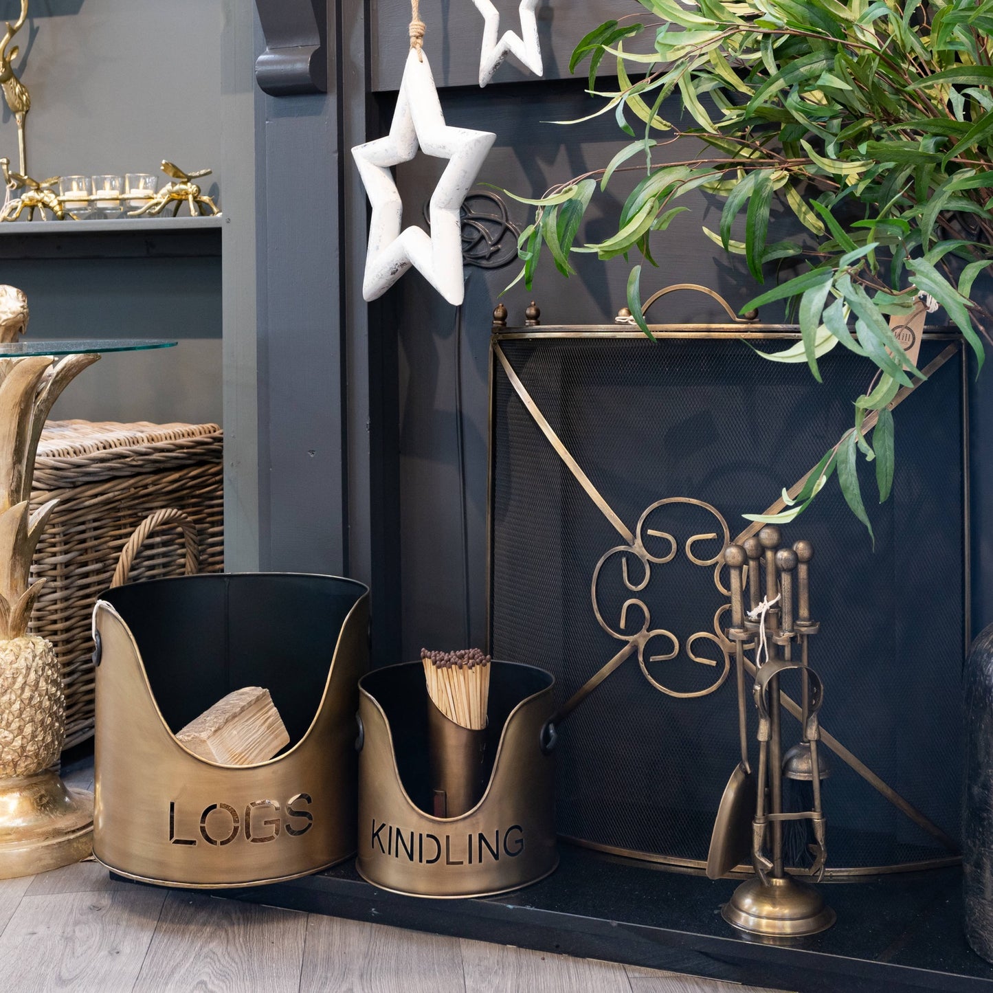 Golden Bronze Finish Logs And Kindling Buckets & Matchstick Holder