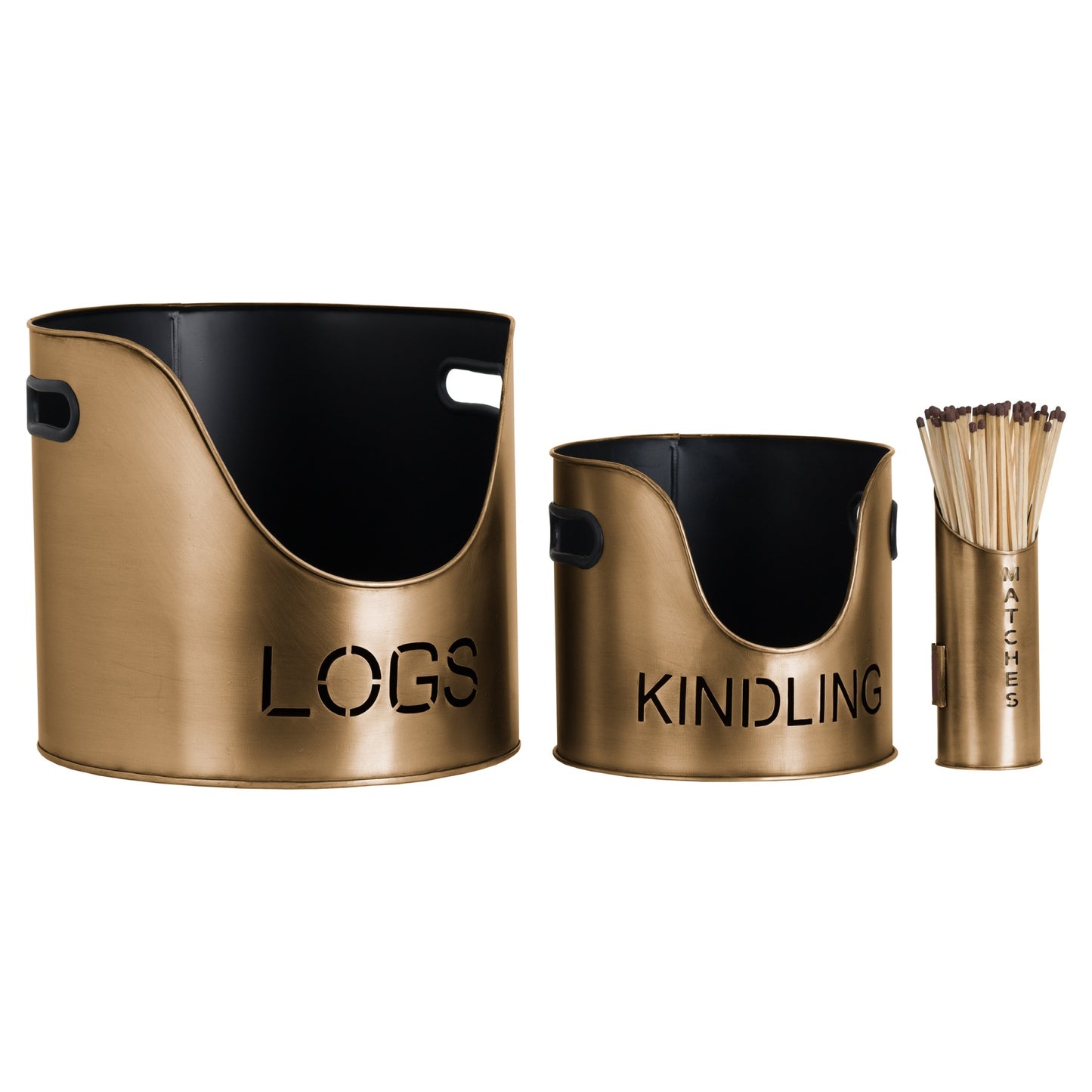 Golden Bronze Finish Logs And Kindling Buckets & Matchstick Holder