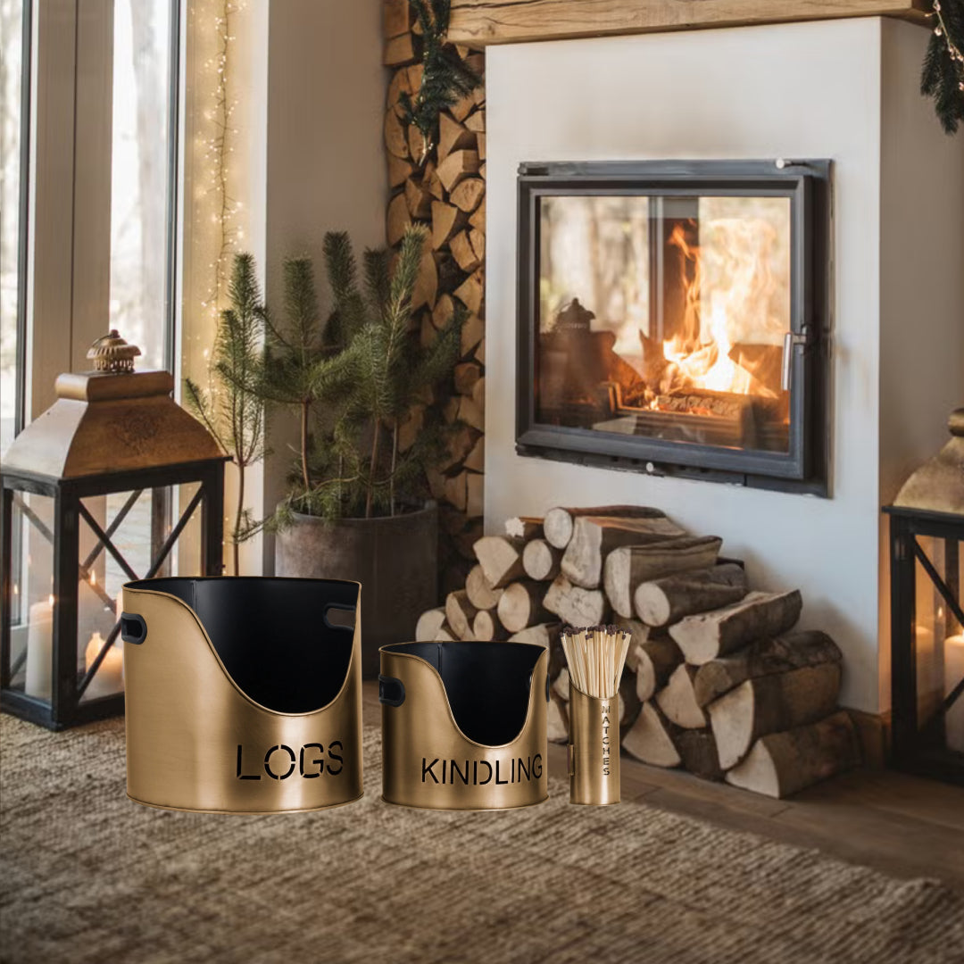 Golden Bronze Finish Logs And Kindling Buckets & Matchstick Holder