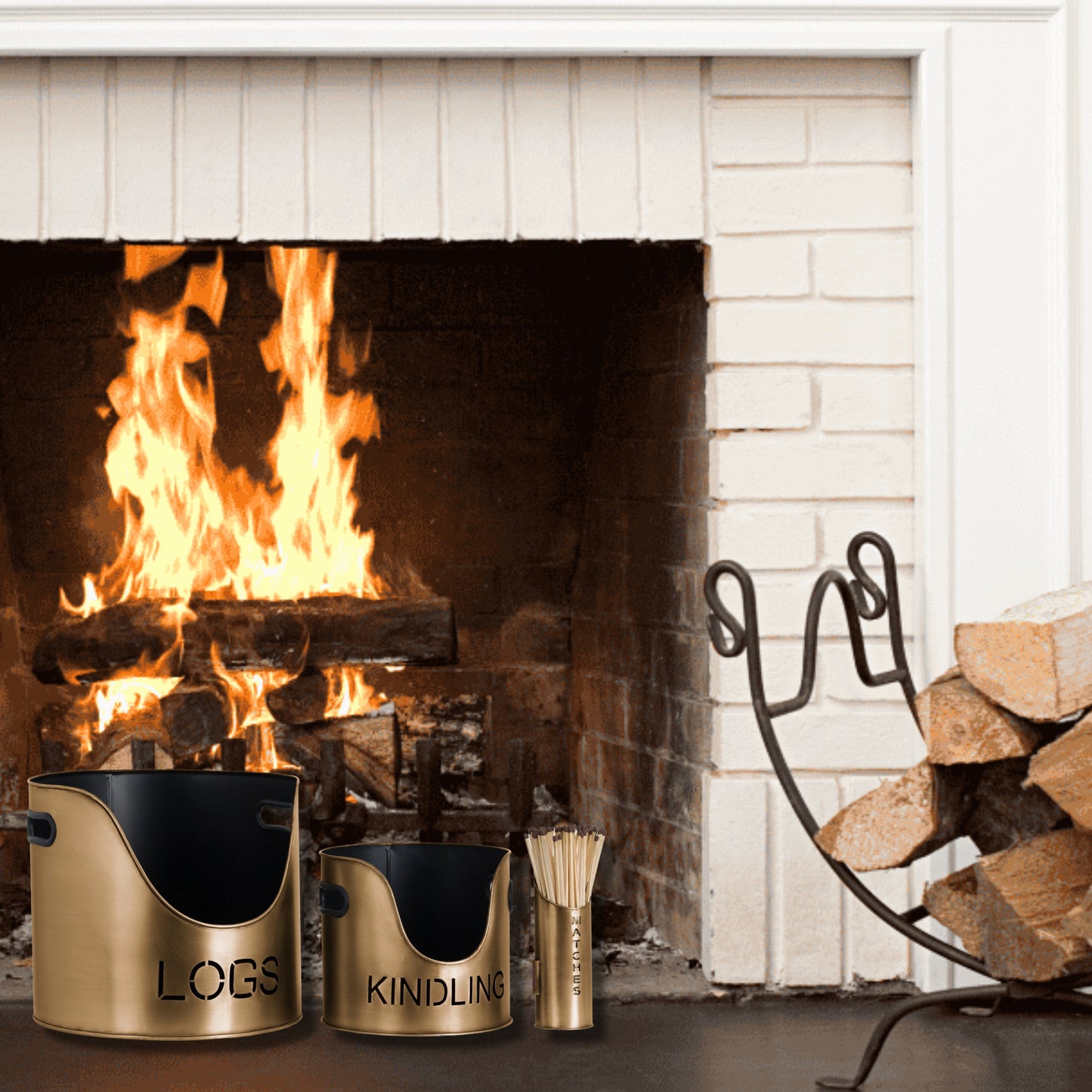 Golden Bronze Finish Logs And Kindling Buckets & Matchstick Holder