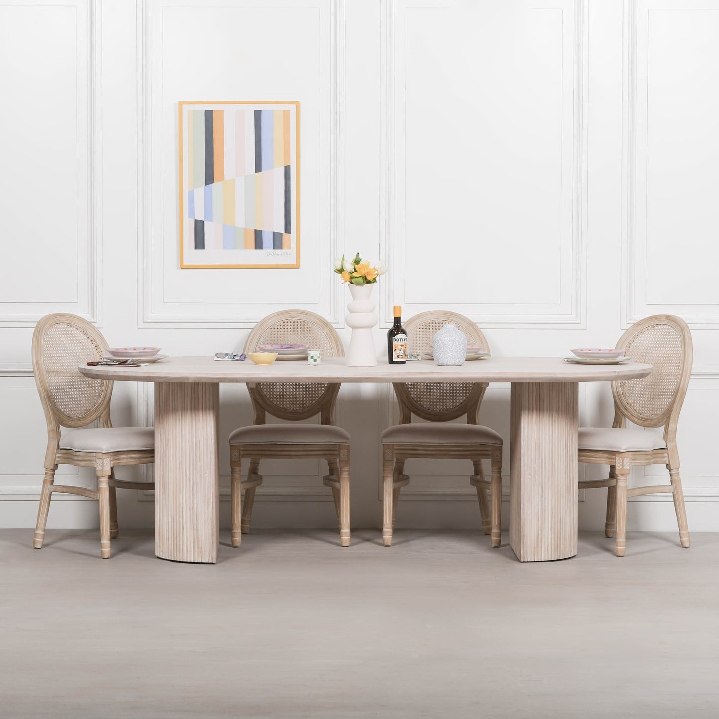 Blanche Acacia Fluted Oval Dining Table With 6 Louis Chairs