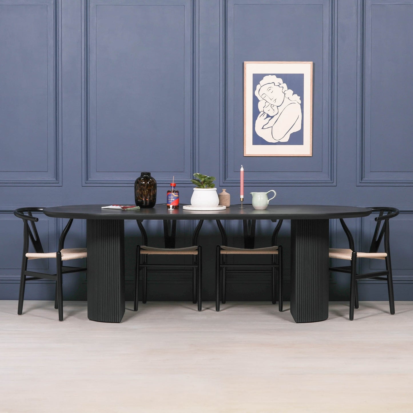 Black Painted Acacia Fluted Oval Dining Table With 6 Chairs