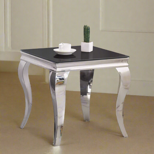 Heritage Home Carlton Lamp Table Stainless Steel Legs And Black Glass Top