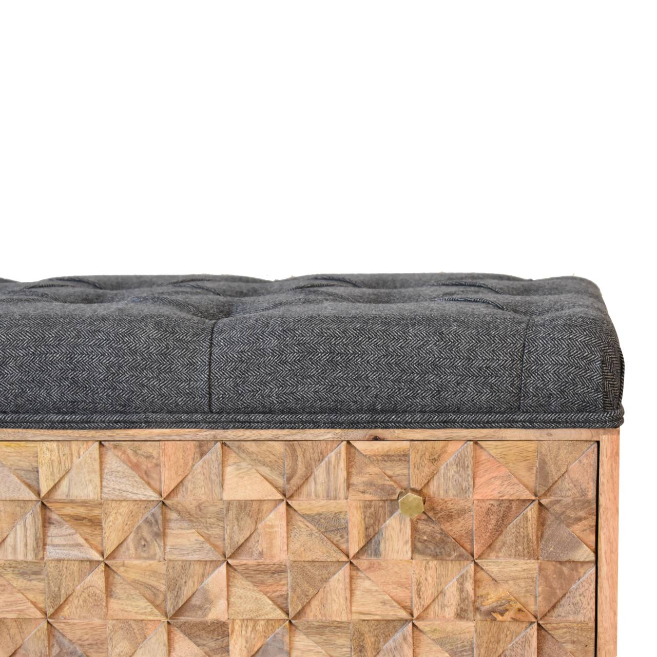 Heritage Collection Diamond Hand Carved Hallway Storage Bench Black Tweed Upholstery