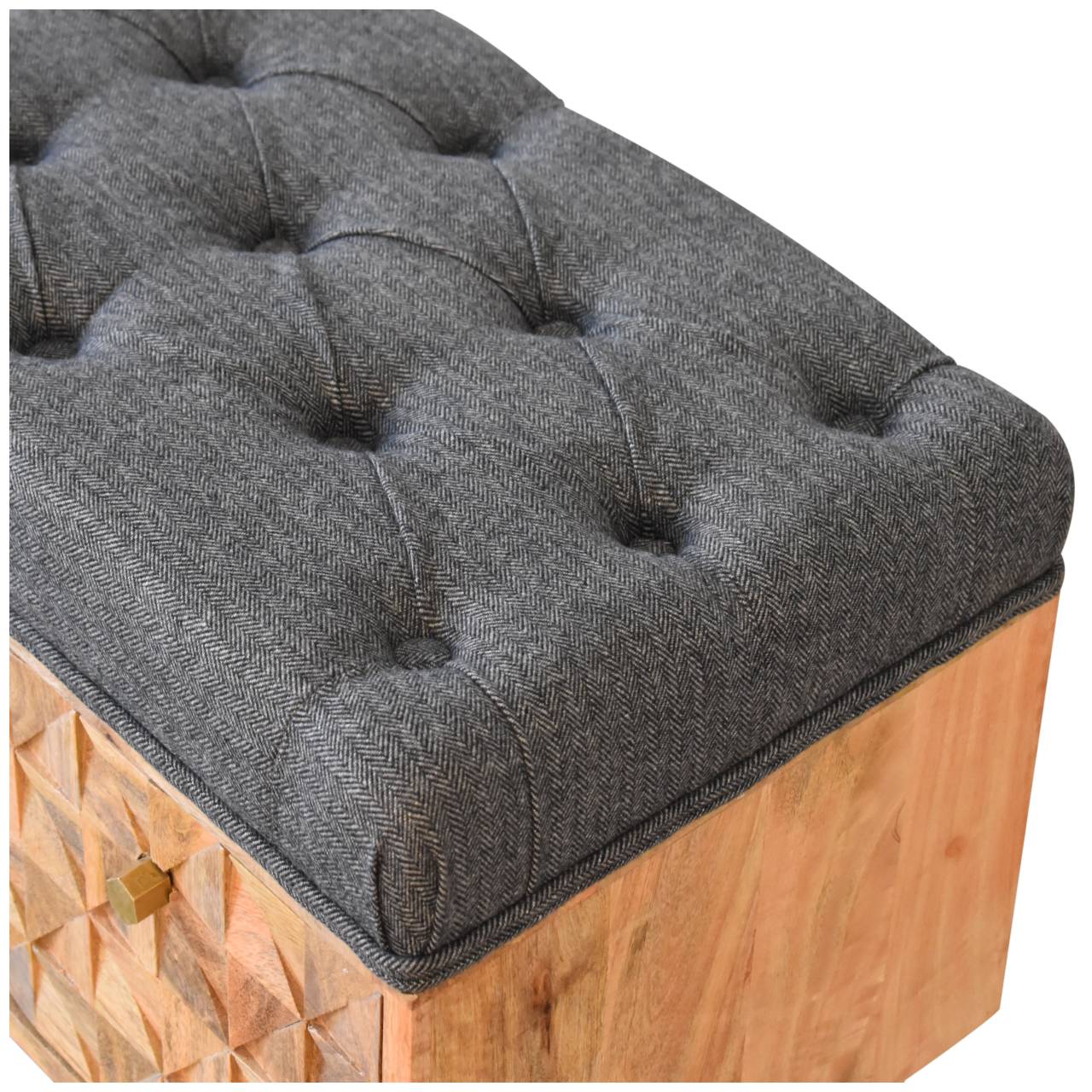 Heritage Collection Diamond Hand Carved Hallway Storage Bench Black Tweed Upholstery
