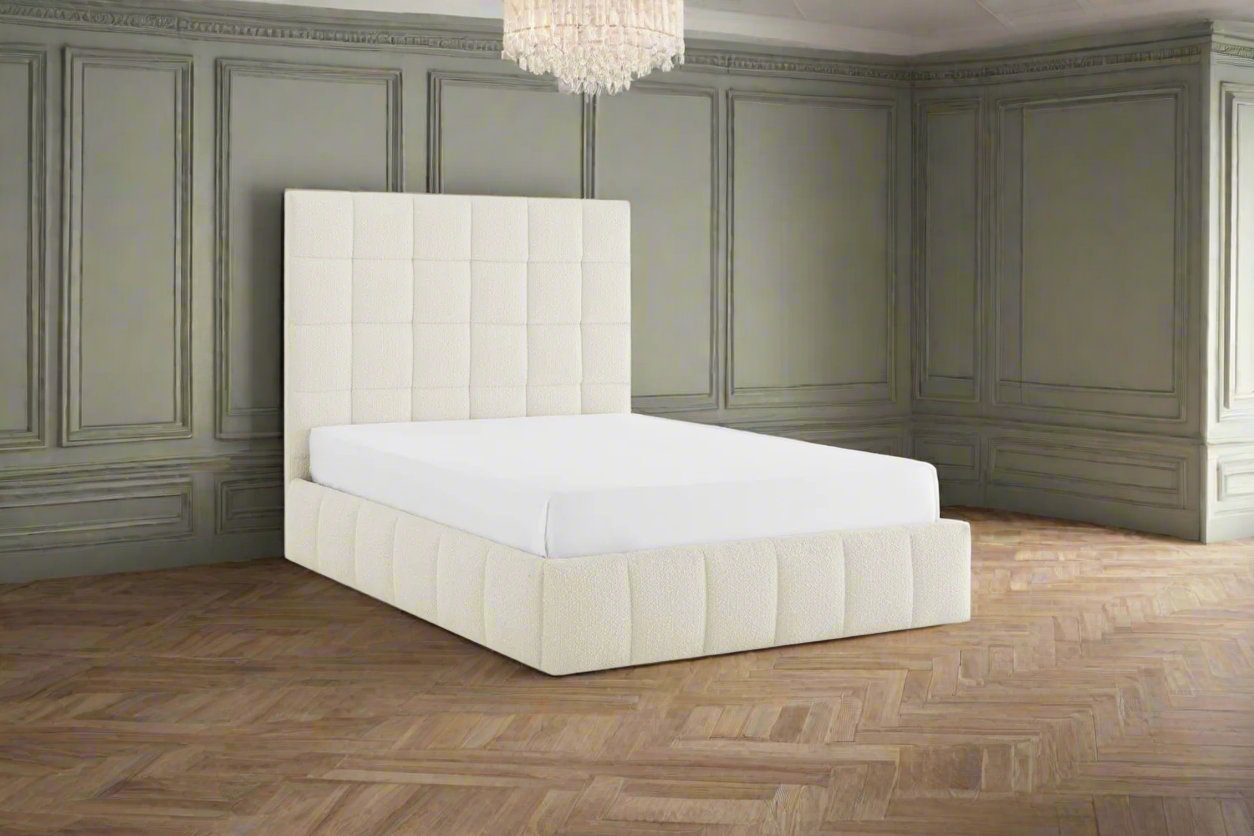 Ivory boucle upholstery storage bed large oversized headboard at heritage home uk