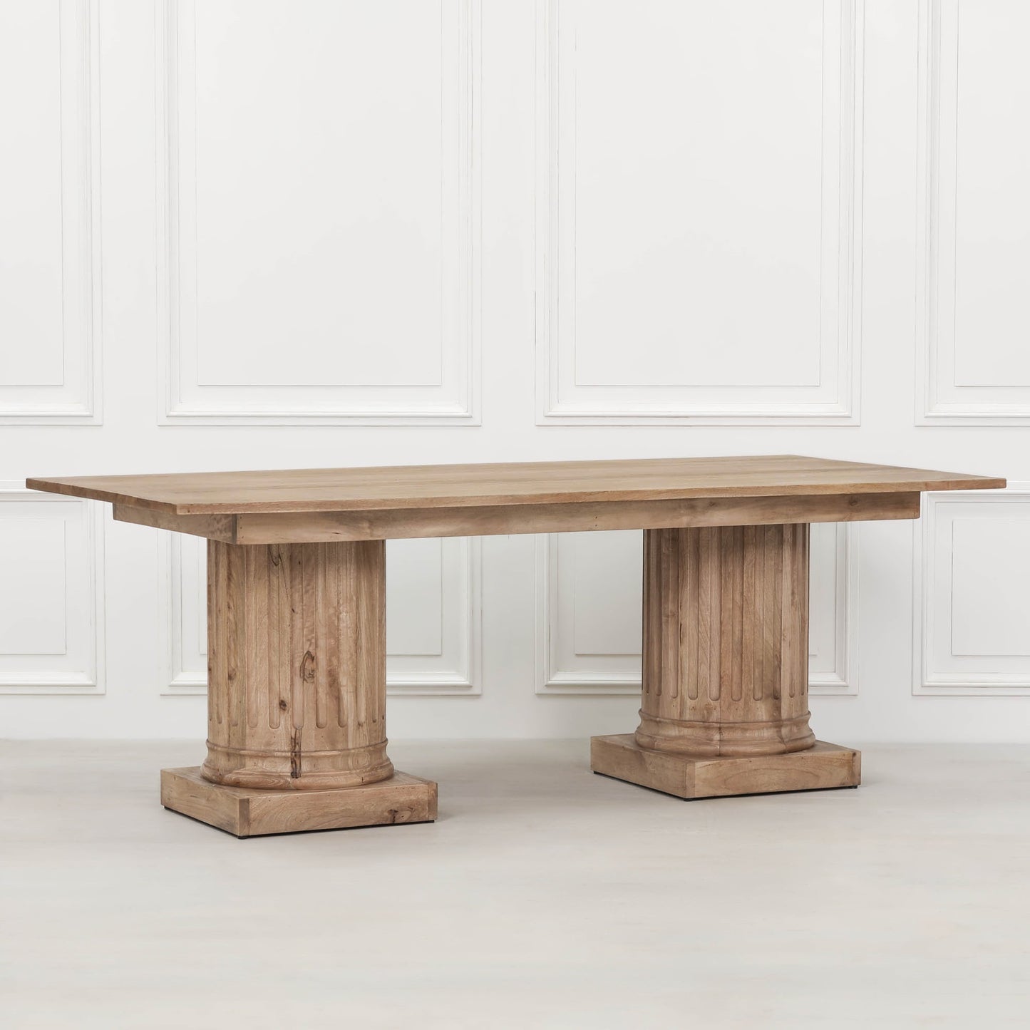 Wooden Column Rectangular Dining Table 220cm With 6 Louis Square Backed Chairs.