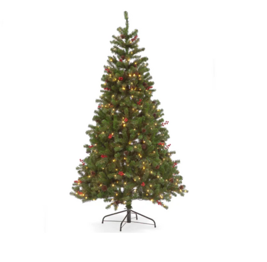 Pre Lit 6ft Pine Creek Green Christmas Tree with 290 Warm White  LEDs + Cones & Berries 796 Tips