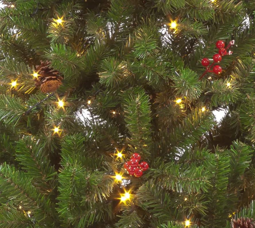 Pre Lit 6ft Pine Creek Green Christmas Tree with 290 Warm White LEDs + Cones & Berries 796 Tips
