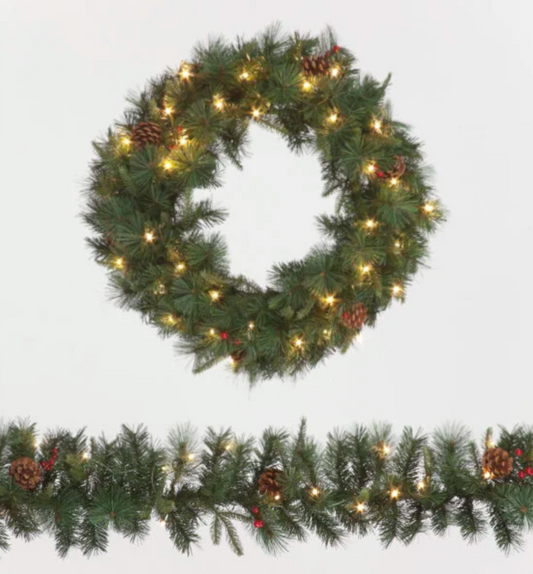 Pre-Lit Battery Operated Cranberry & Pinecone Wreath & Garland Set with Warm White LEDs