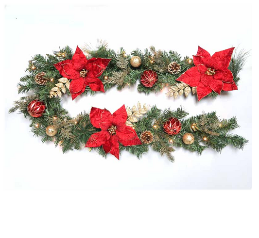 Battery Operated 180cm Red Poinsettia Pre Lit Garland With 25 LEDs with Timer