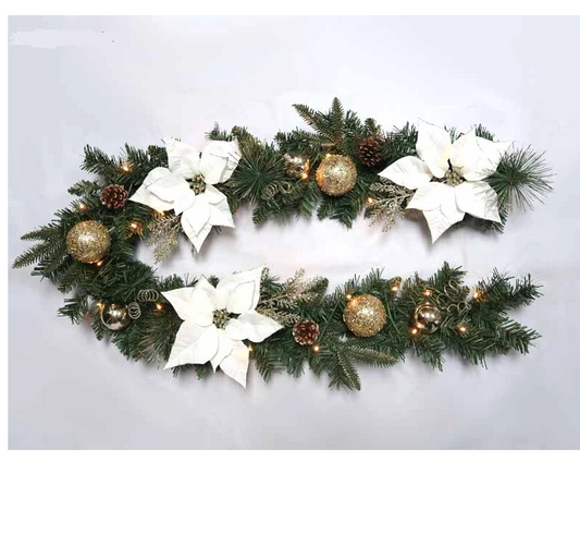 Battery Operated 180cm White Poinsettia Pre Lit Garland with 25 LEDs with Timer