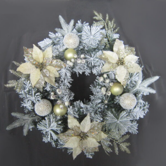 Battery Operated 60cm Pre Lit Champagne Poinsettia Wreath with Cream Berry & 25 LEDs