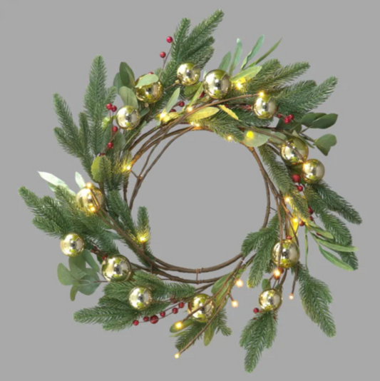 Battery Operated 60cm Mixed Leaf Pre Lit Wreath Red Berries