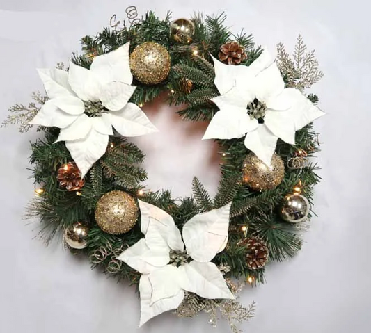 Battery Operated 60cm Pre Lit White Poinsettia Wreath with 25 LEDs & Timer