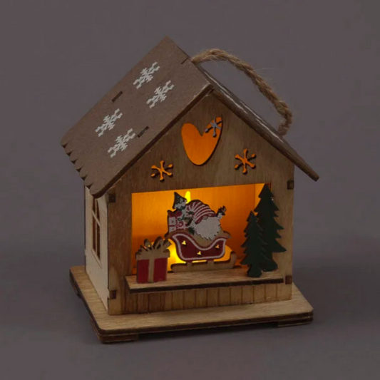 Battery Operated 10cm Wooden Hanging House with Santa Gonk & Warm White LED