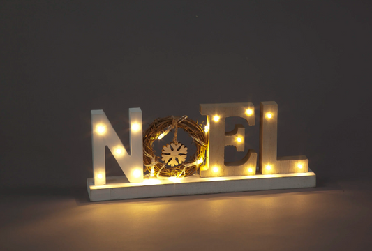 Battery Operated 12cm Wooden Noel Sign with Snowflake & 18 Warm White LEDs