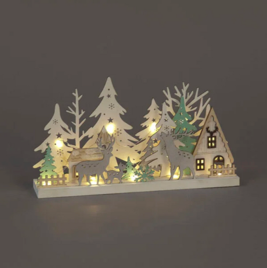 Battery Operated 17cm Wooden Village with House, Trees & Deer Plus 16 Warm White LEDs