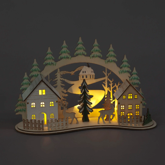Battery Operated 19cm Wooden Village Scene with Deer & Trees