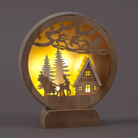 Battery Operated 21cm Wooden Round Village Landscape with 6 Warm White LEDs