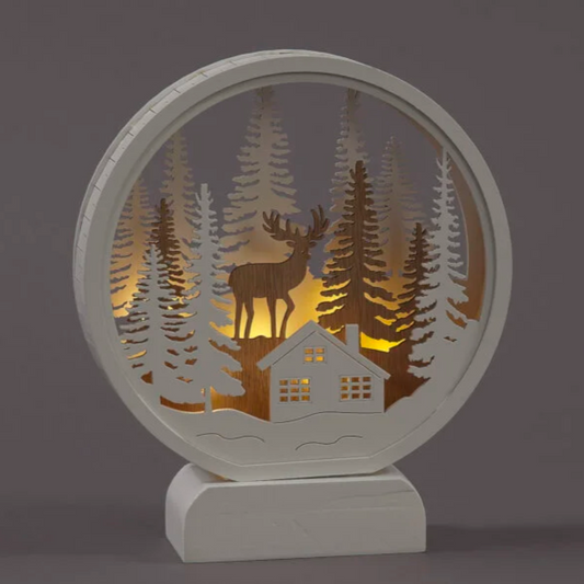 Battery Operated 21cm Wooden Round White Village Landscape with 6 Warm White LEDs