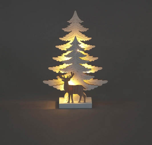 Battery Operated 25cm White Wood Xmas Trees with Natural Wood Deer & 5 Warm White LEDs