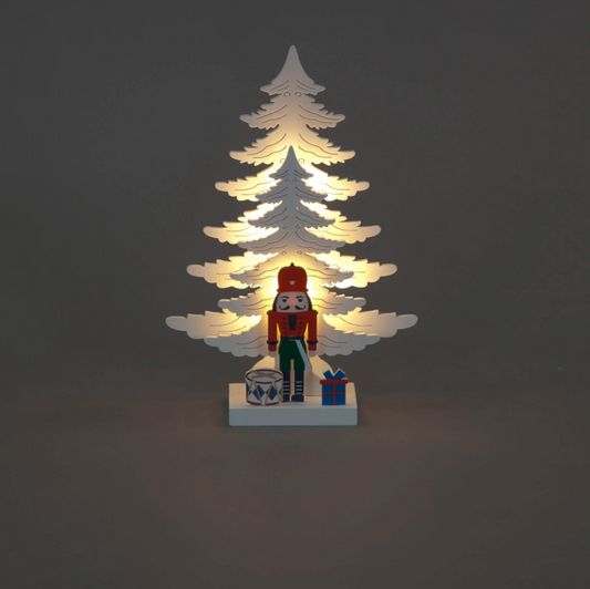 Battery Operated 25cm White Wood Xmas Trees with Nutcracker Soldier & 5 Warm White LEDs