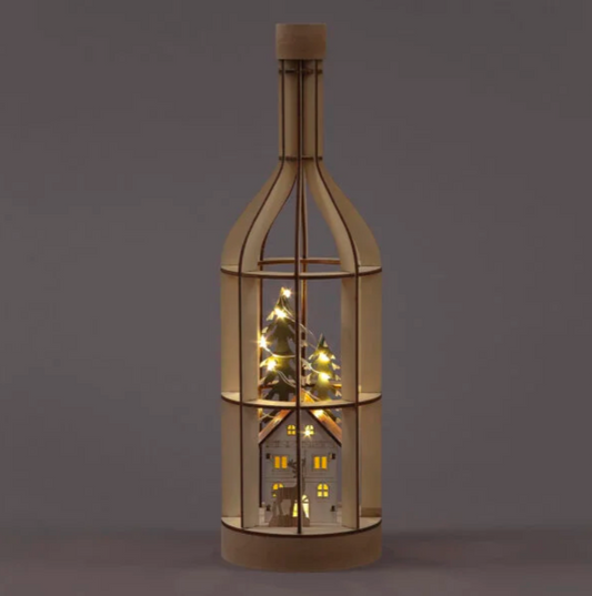 Battery Operated 32cm Wooden Bottle with inner House & 10 Warm White LEDs