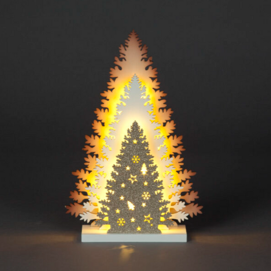 Battery Operated 33cm 3-Layer Wooden Tree with Glitter & 13 Warm White LEDs