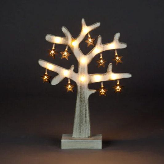 Battery Operated 35cm Stressed Effect Wood Tree with Burning Effect Stars