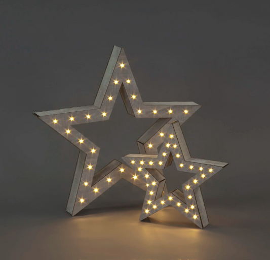 Battery Operated Set of 2 48cm & 29cm Grey Wood Stars with 60 Warm White LEDs Combined