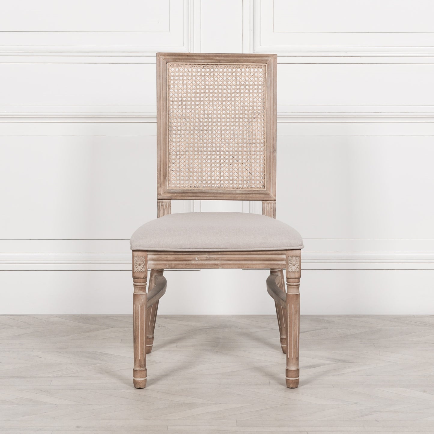 Wooden Column Rectangular Dining Table 220cm With 6 Louis Square Backed Chairs.