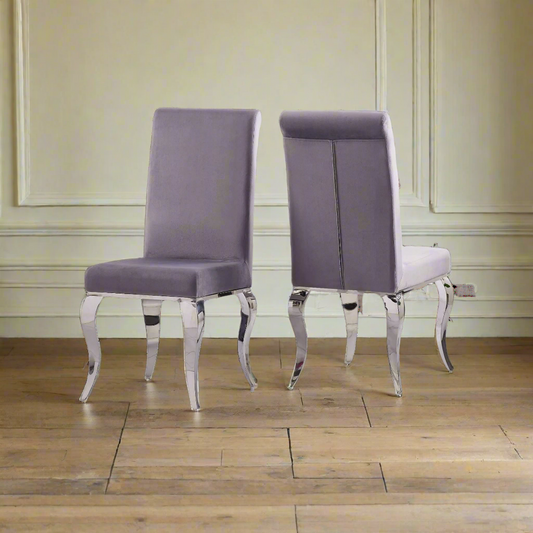 heritage home dining chairs silver steel legs and grey fabric