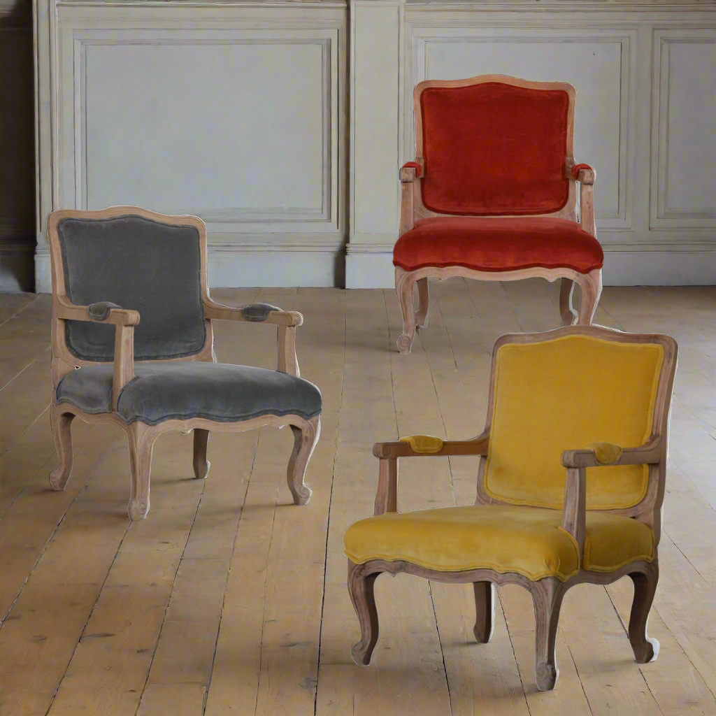 French Carved Armchair With Velvet Upholstery