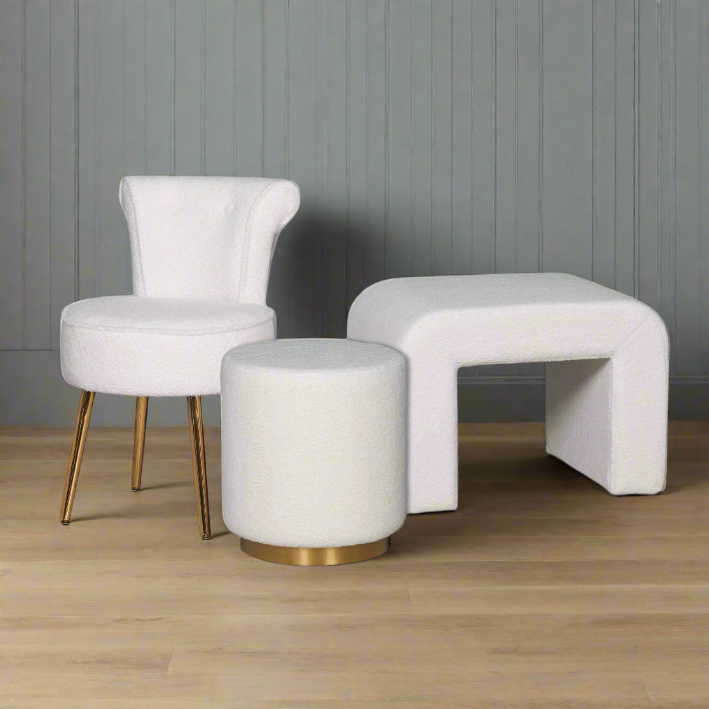 White Boucle Decor Chair & Footstools