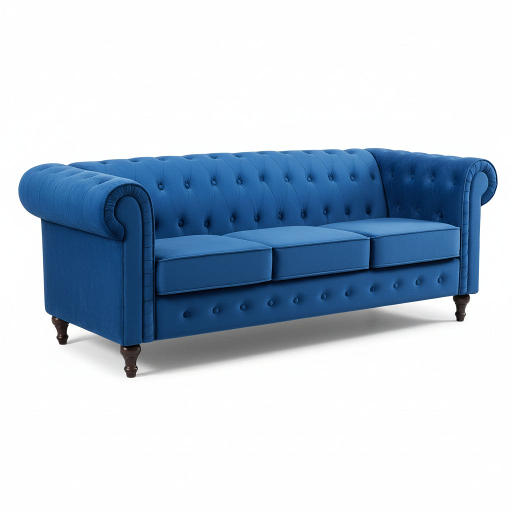 Blue Velvet Upholstered 3 Seater Chesterfield Sofa