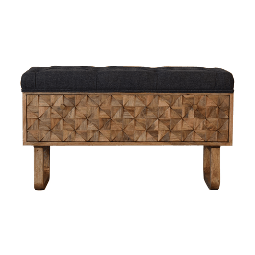 Heritage Collection Diamond Hand Carved Hallway Storage Bench Black Tweed Upholstery