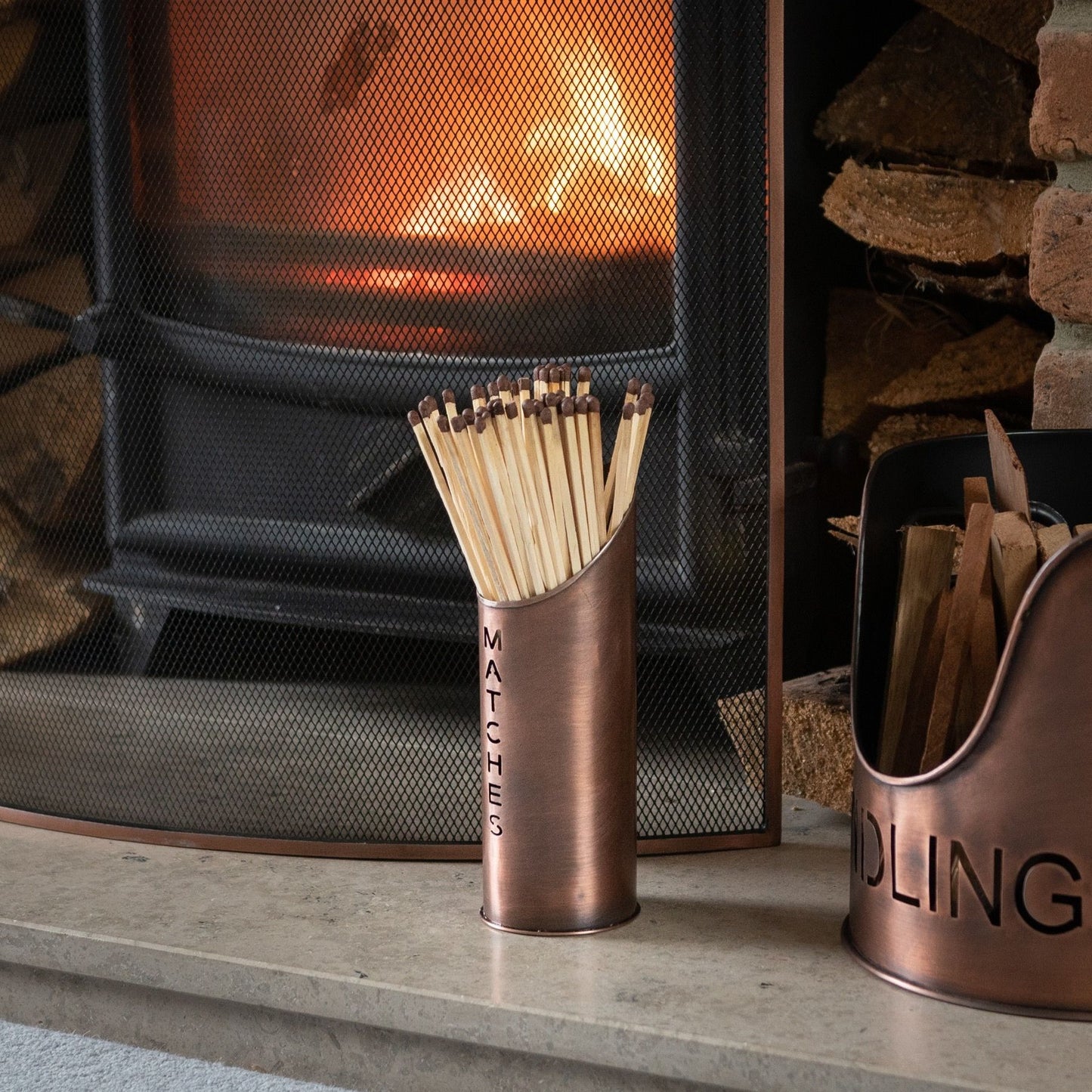 Copper Finish Logs And Kindling Buckets &amp; Matchstick Holder