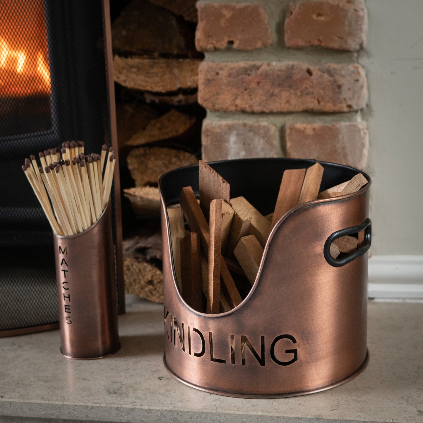 Copper Finish Logs And Kindling Buckets &amp; Matchstick Holder