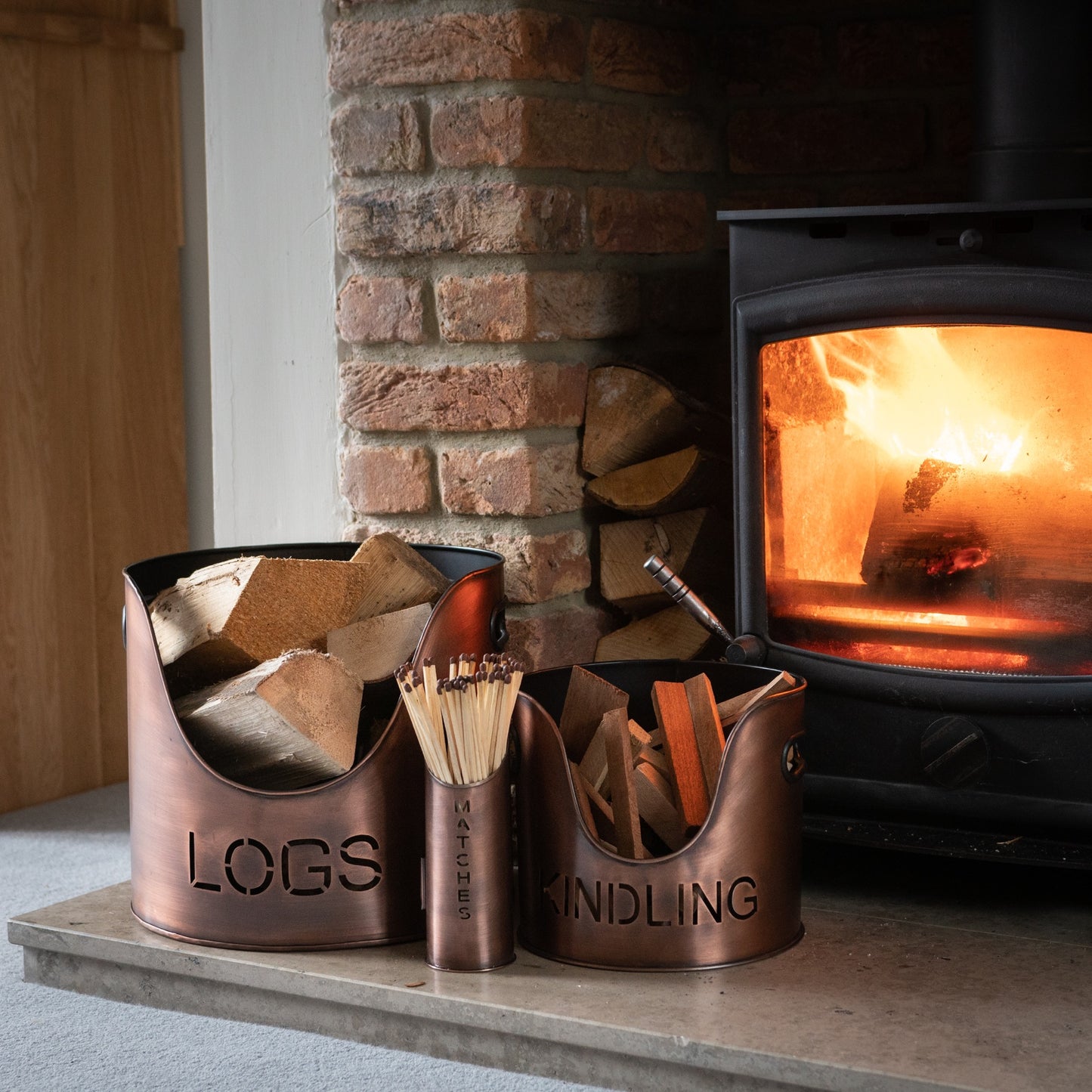 Copper Finish Logs And Kindling Buckets &amp; Matchstick Holder