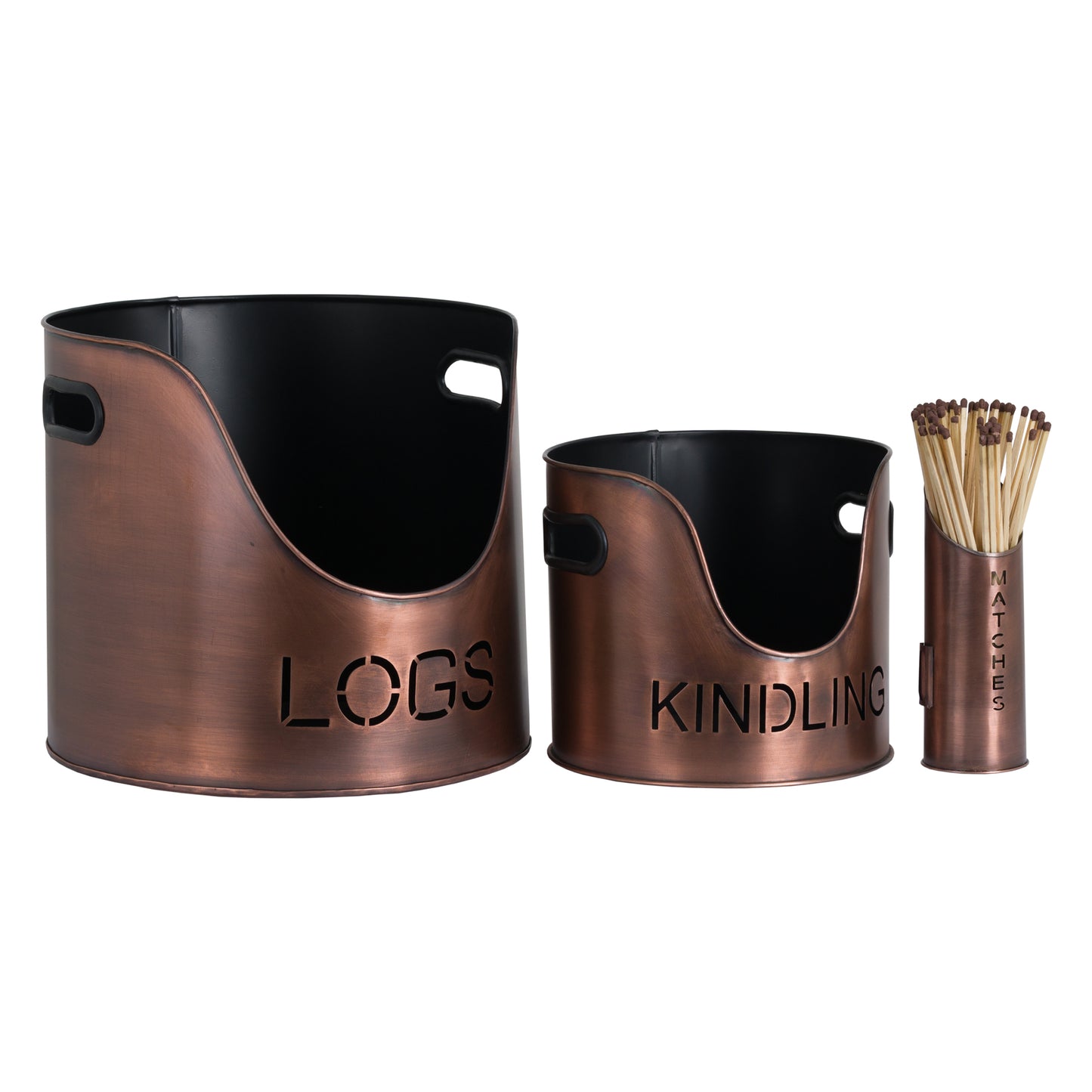 Copper Finish Logs And Kindling Buckets &amp; Matchstick Holder