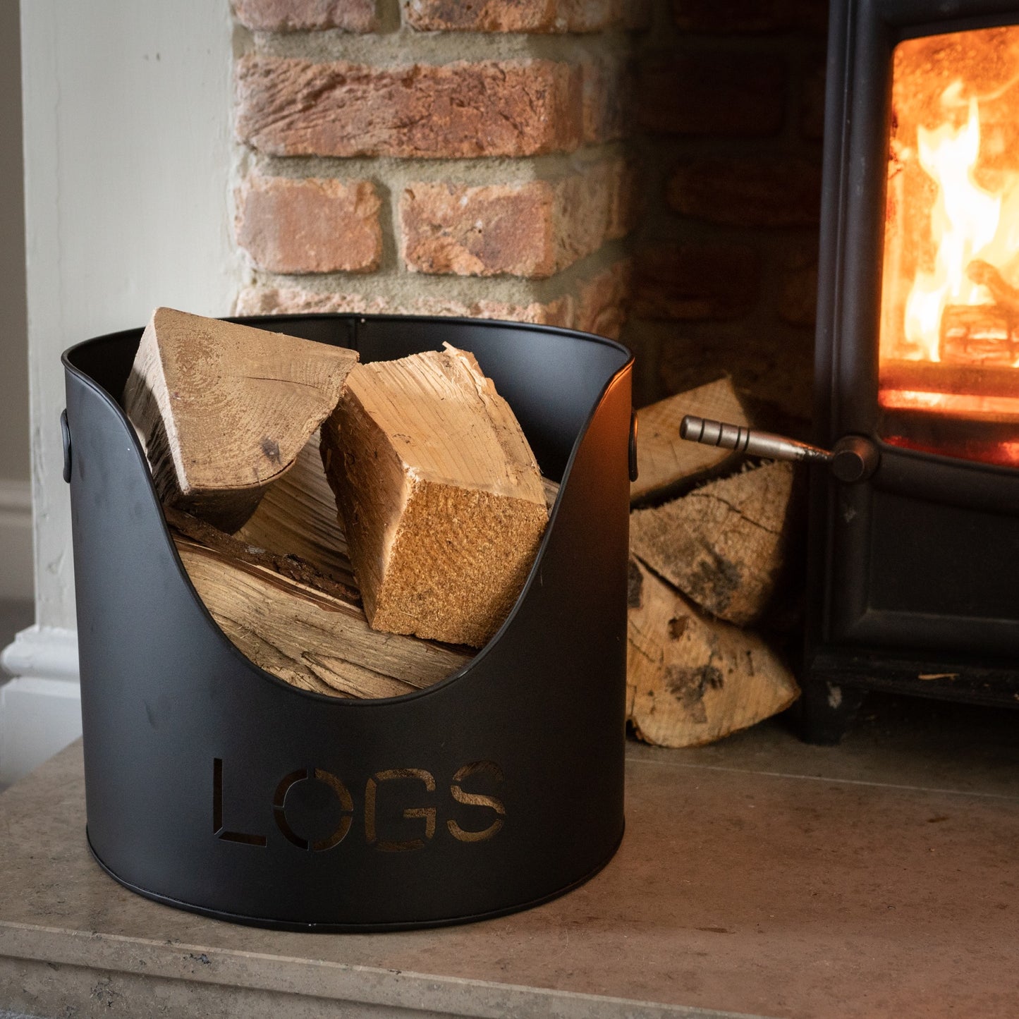 Black Finish Logs And Kindling Buckets & Matchstick Holder Set of 3