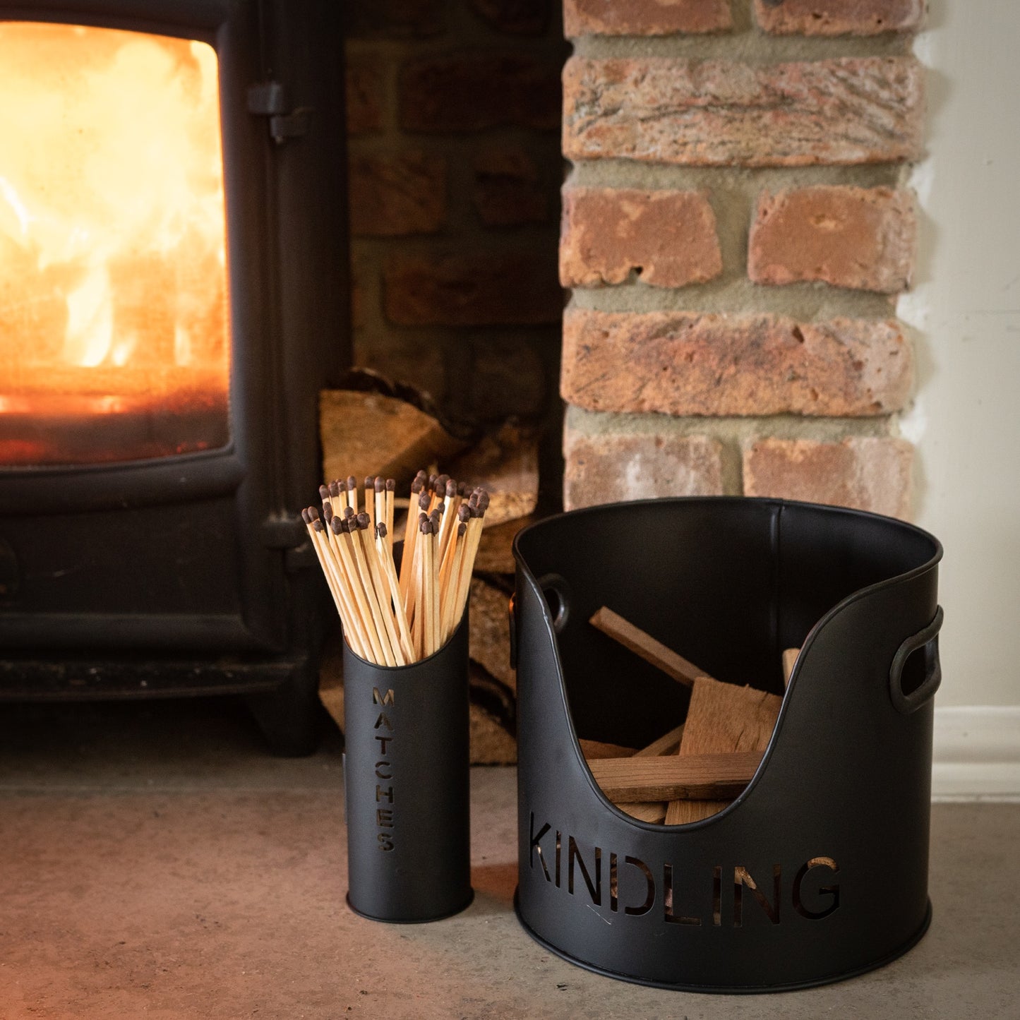 Black Finish Logs And Kindling Buckets & Matchstick Holder Set of 3