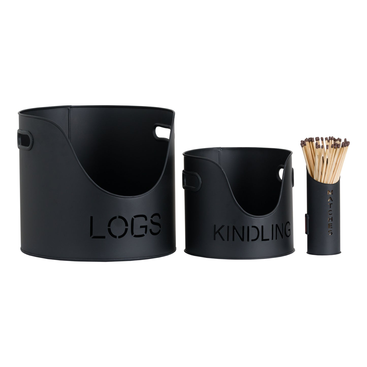 Black Finish Logs And Kindling Buckets & Matchstick Holder Set of 3