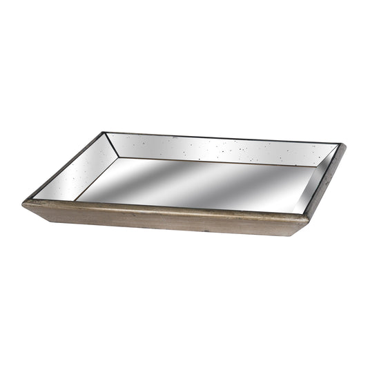 Astor Distressed Mirrored Square Tray With Wooden Detailing Large