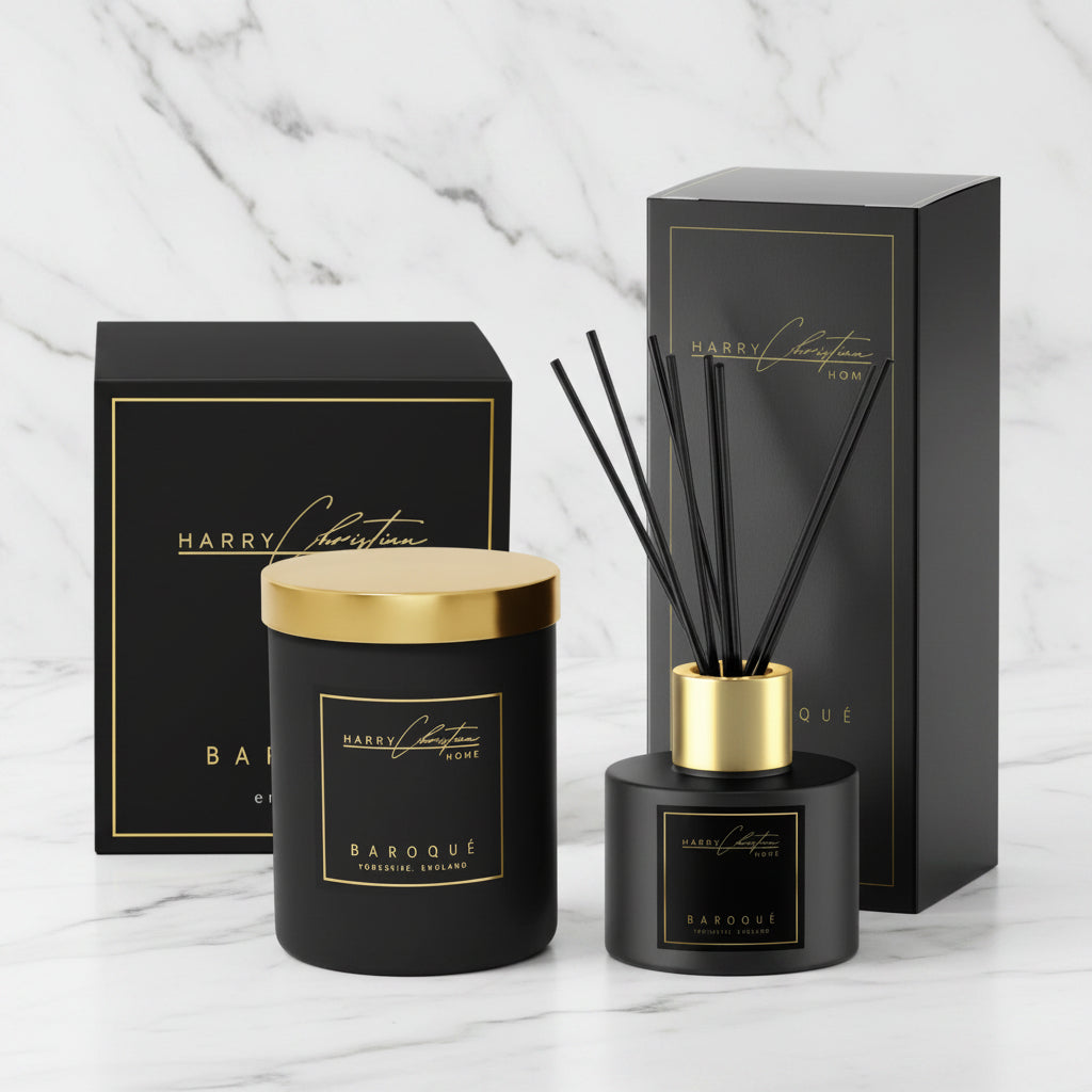 Harry Christian Home Baroque Candle and Diffuser. Black and Gold Candle and Reed Diffuser. Harry Christian. Heritage Home UK. 